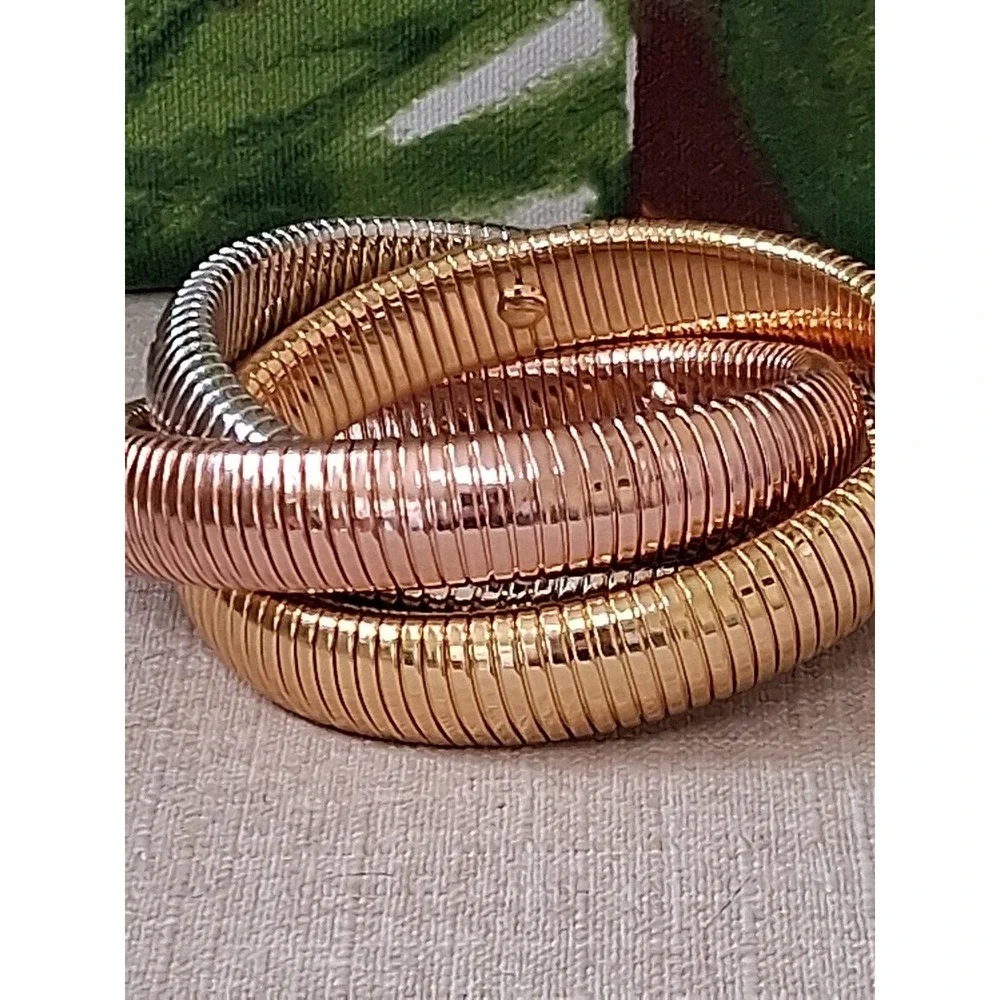 Tricolor Coil Bracelet Gold Silver Rose Tone Stretch Statement Bangle - Picture 5 of 6